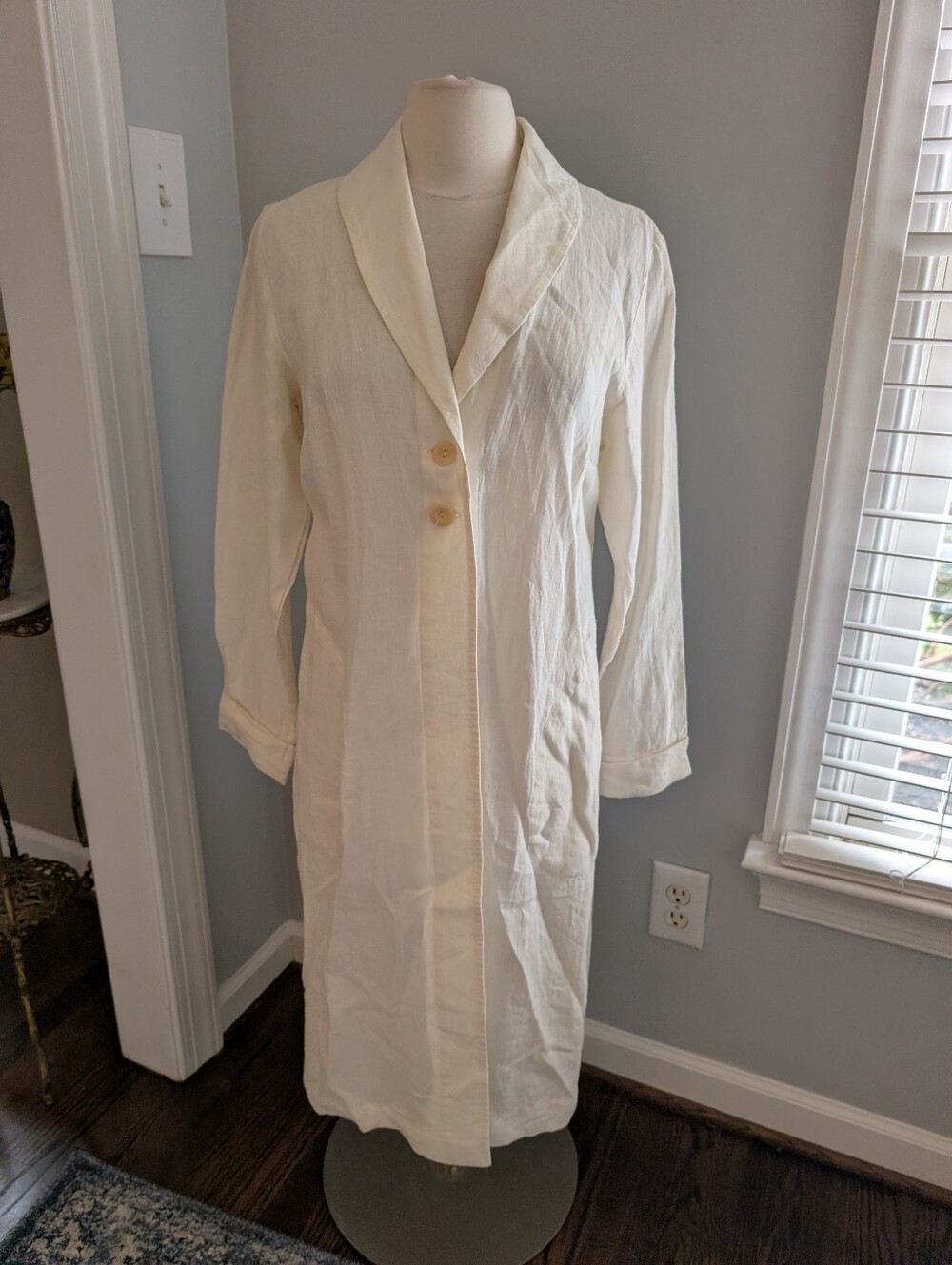Vintage Women's Flax Cream Linen Button Down Jacket Duster Length Small